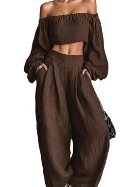 Off-Shoulder Wide Leg Two-Piece Set - Brown